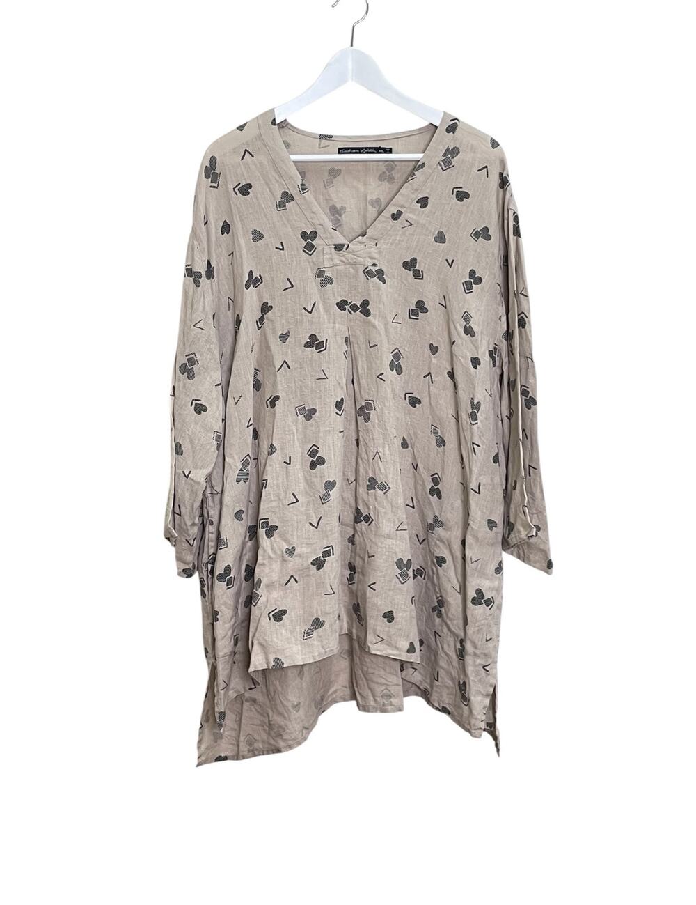 Gudrun Sjoden Tan Linen Black Abstract Heart Print Lagenlook Tunic Shirt Sz XXL
